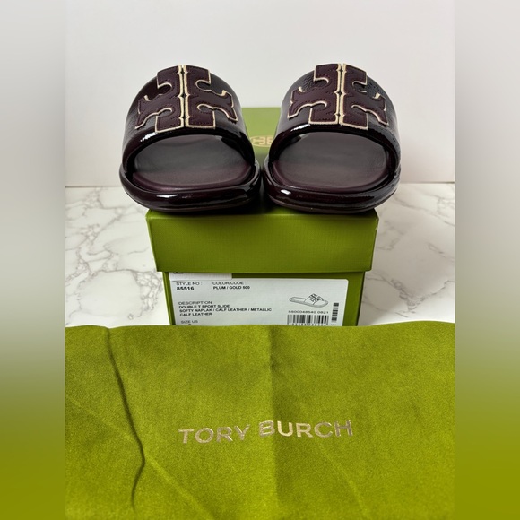New Tory Burch Double T Leather Sport Slide Size 9 Purple - Picture 2 of 9